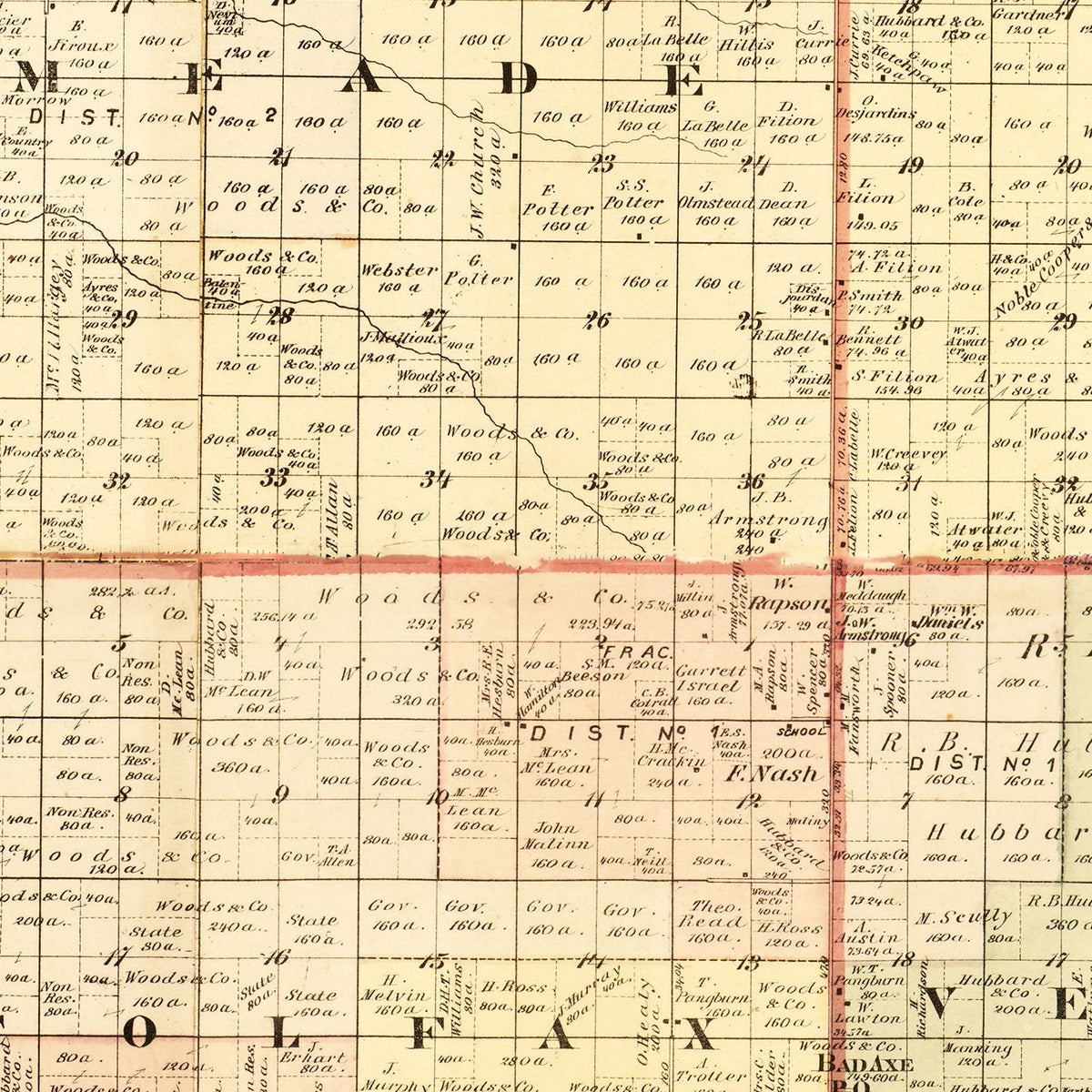 Restored historic details from the 1875 county map of Huron County, Michigan