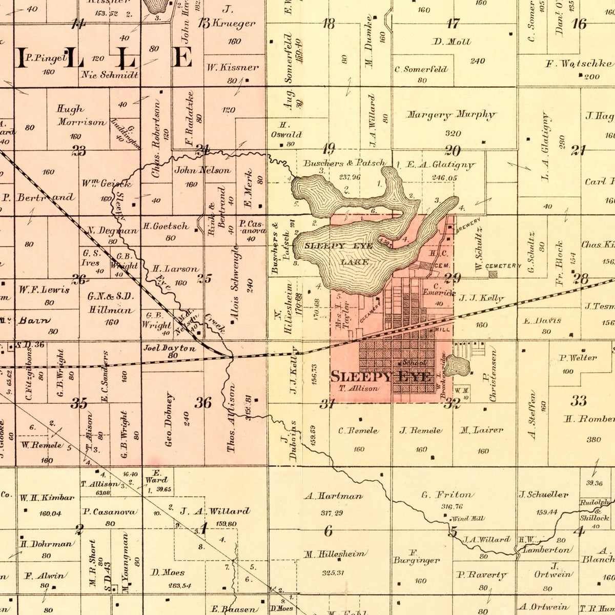 Restored historic details from the 1886 county map of Brown County, Minnesota