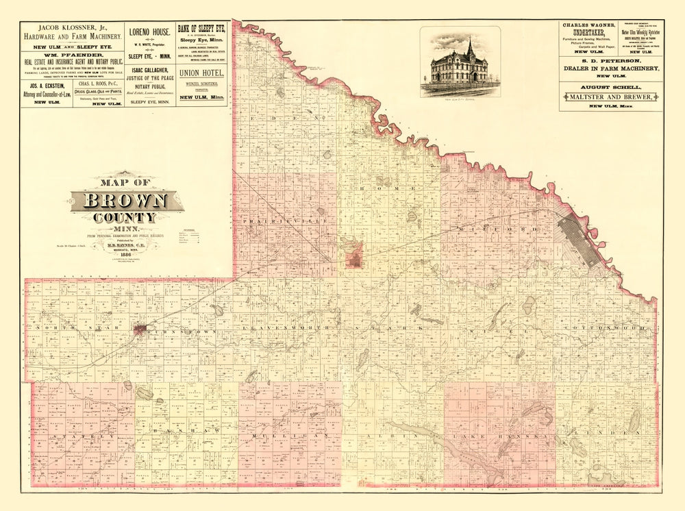 Vintage Map of Brown County, Minnesota 1886 print style example
