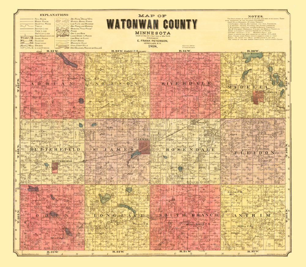 Vintage Map of Watonwan County, Minnesota 1898 print style example