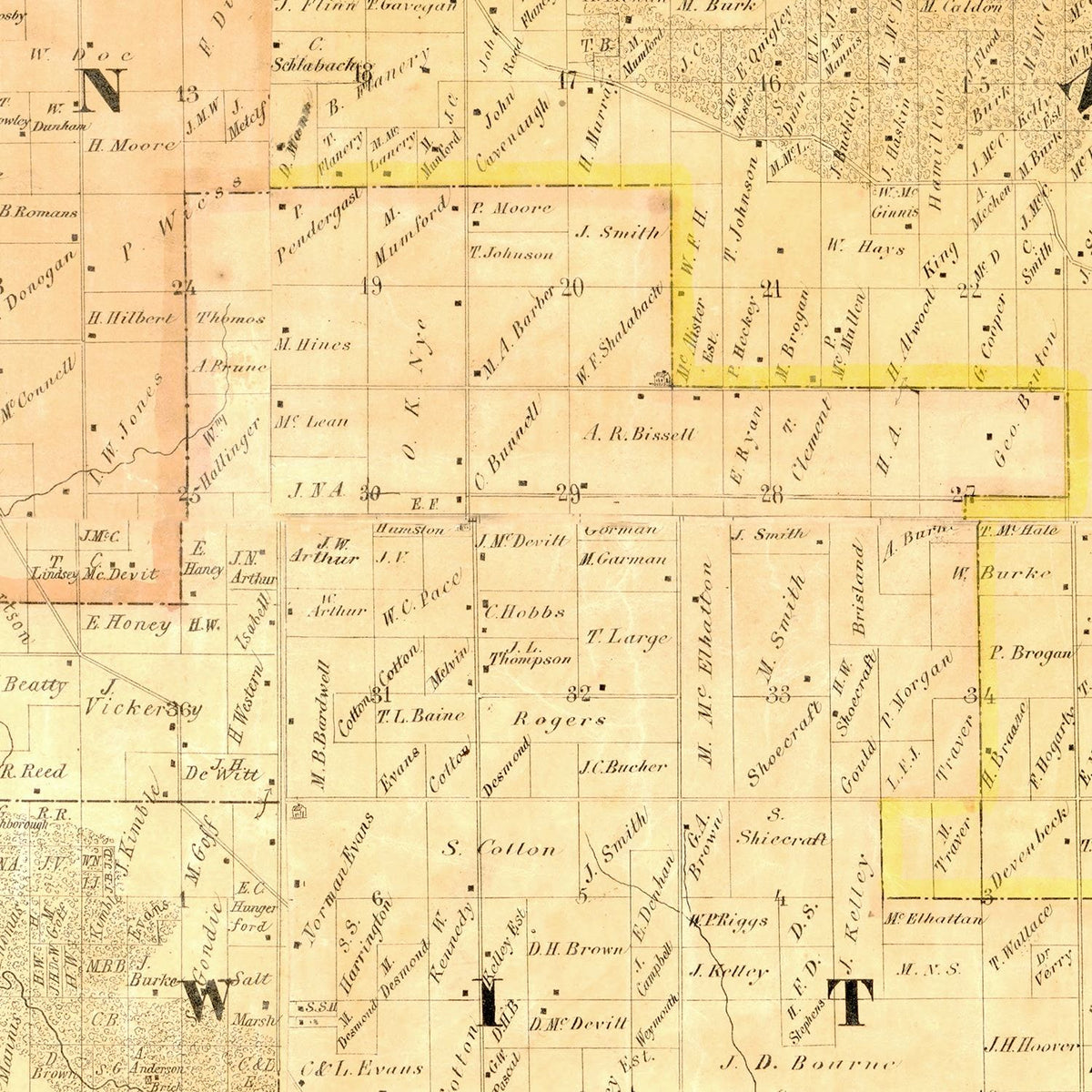 Restored historic details from the 1865 county map of Clinton County, Iowa