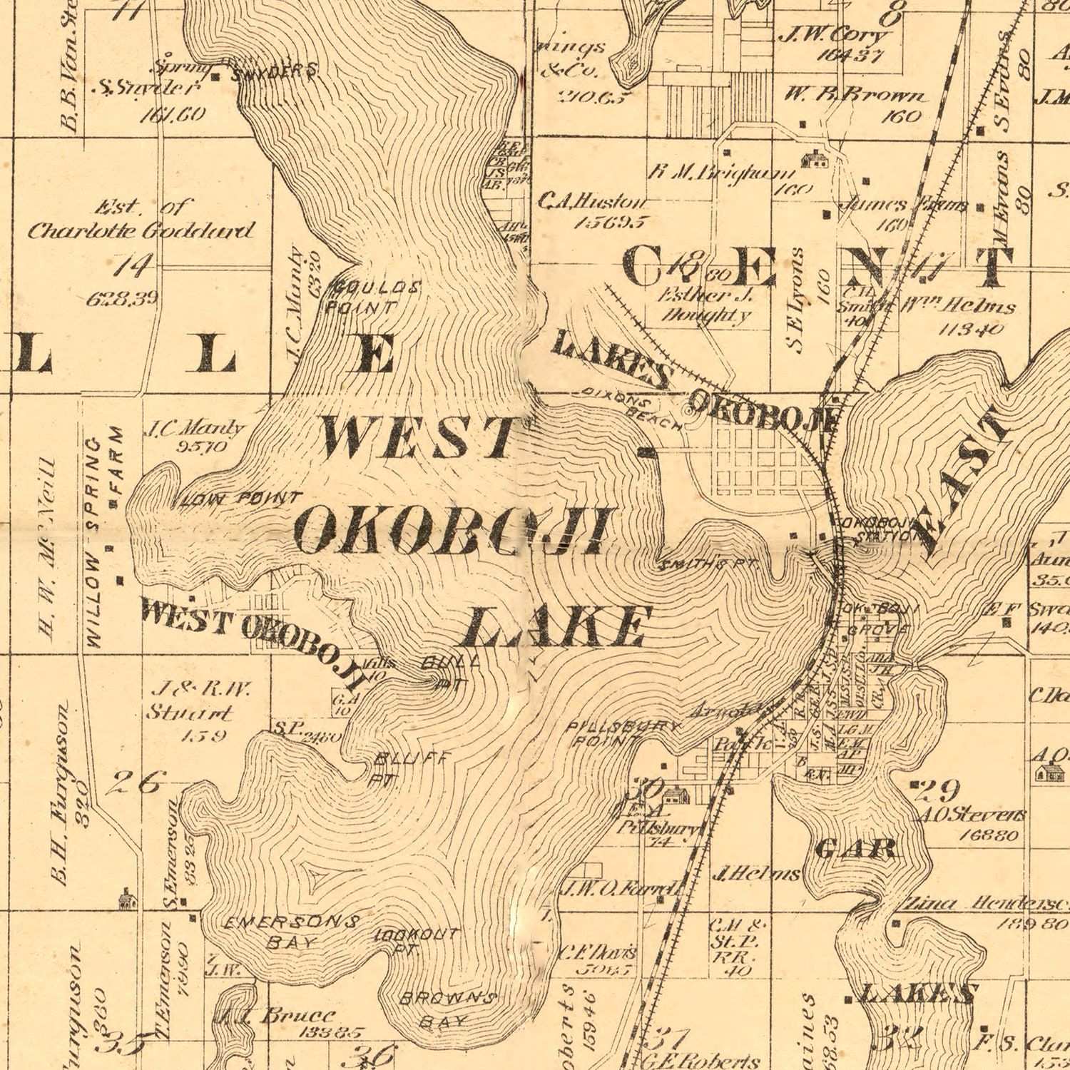 Restored historic details from the 1883 county map of Dickinson County, Iowa