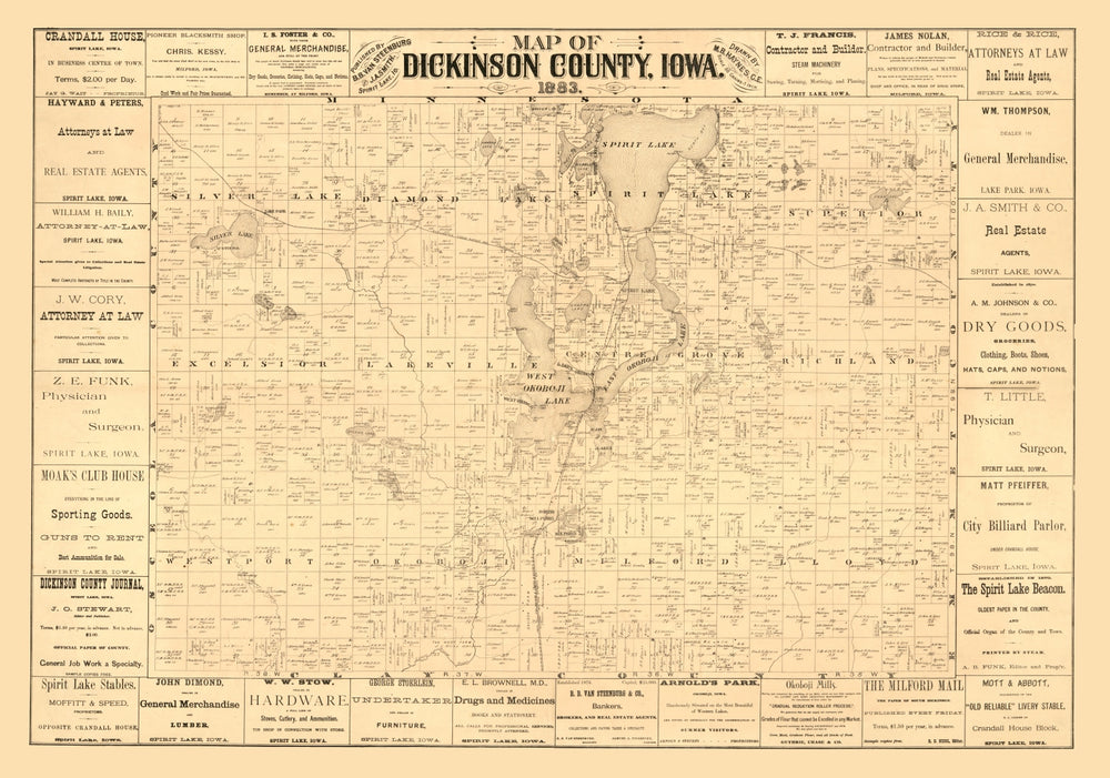 Vintage Map of Dickinson County, Iowa 1883 print style example