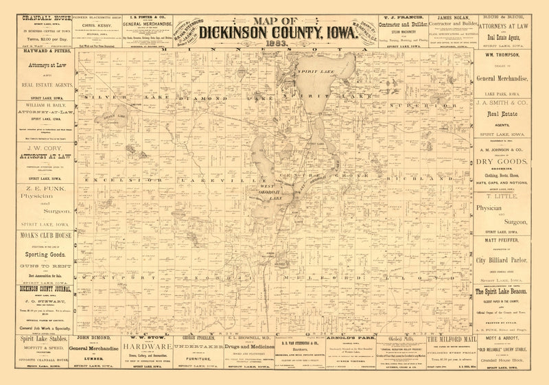 Size comparison using Vintage Map of Dickinson County, Iowa 1883
