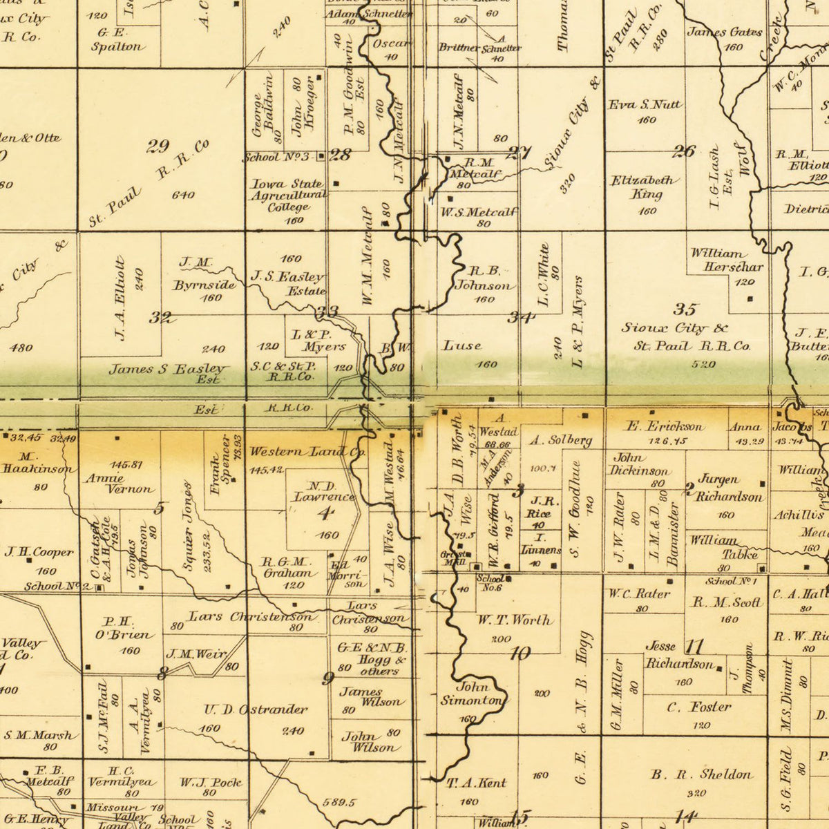 Restored historic details from the 1884 county map of Woodbury County, Iowa