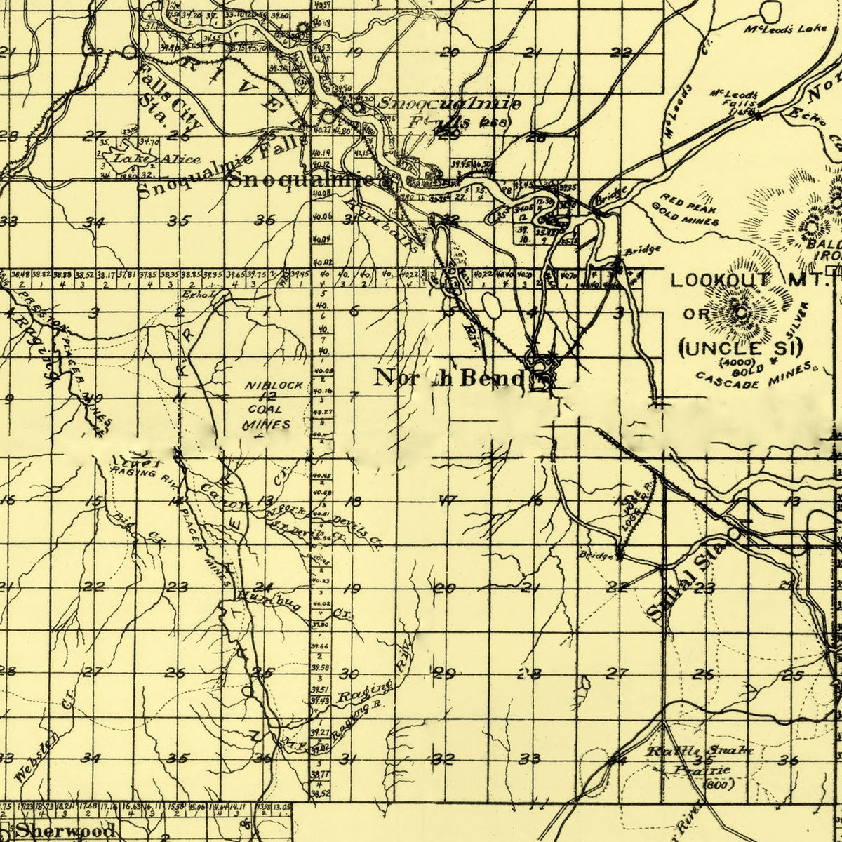 Restored historic details from the 1894 county map of King County, Washington