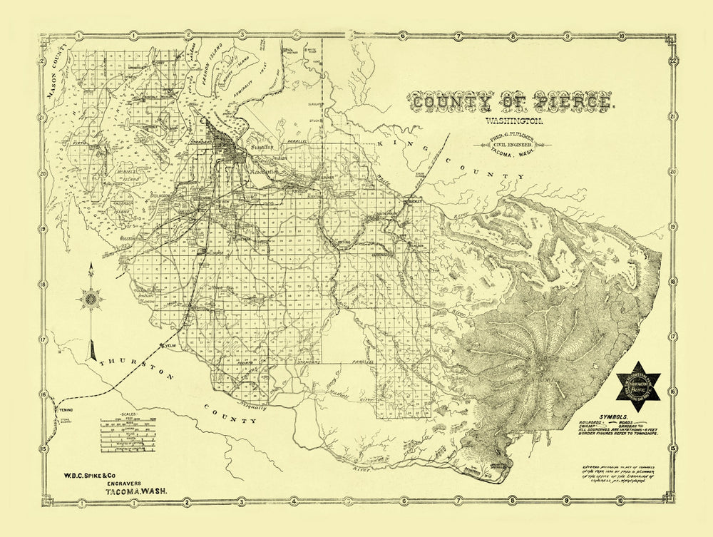 Vintage Map of Pierce County, Washington 1890 print style example
