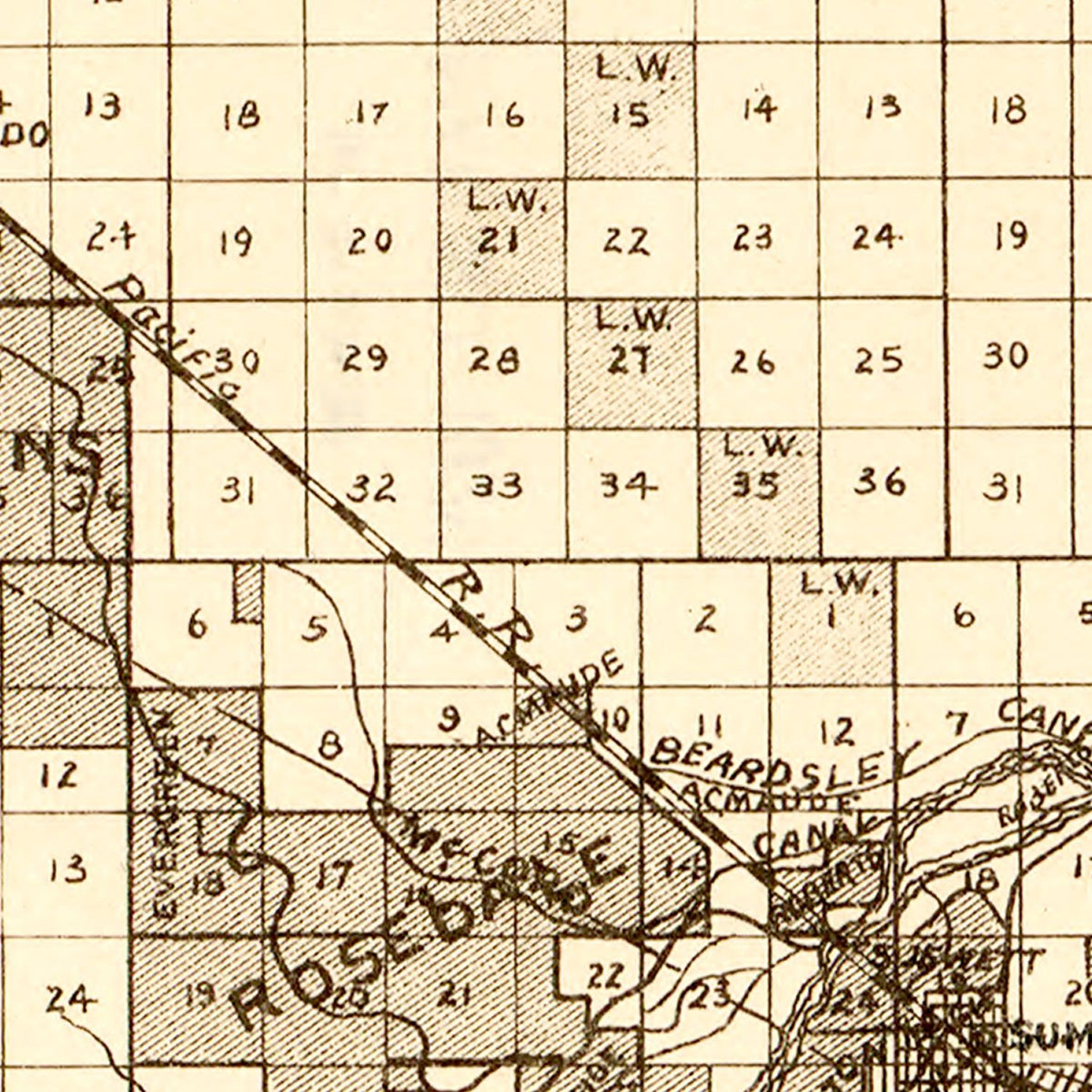 Restored historic details from the 1888 county map of Kern County, California