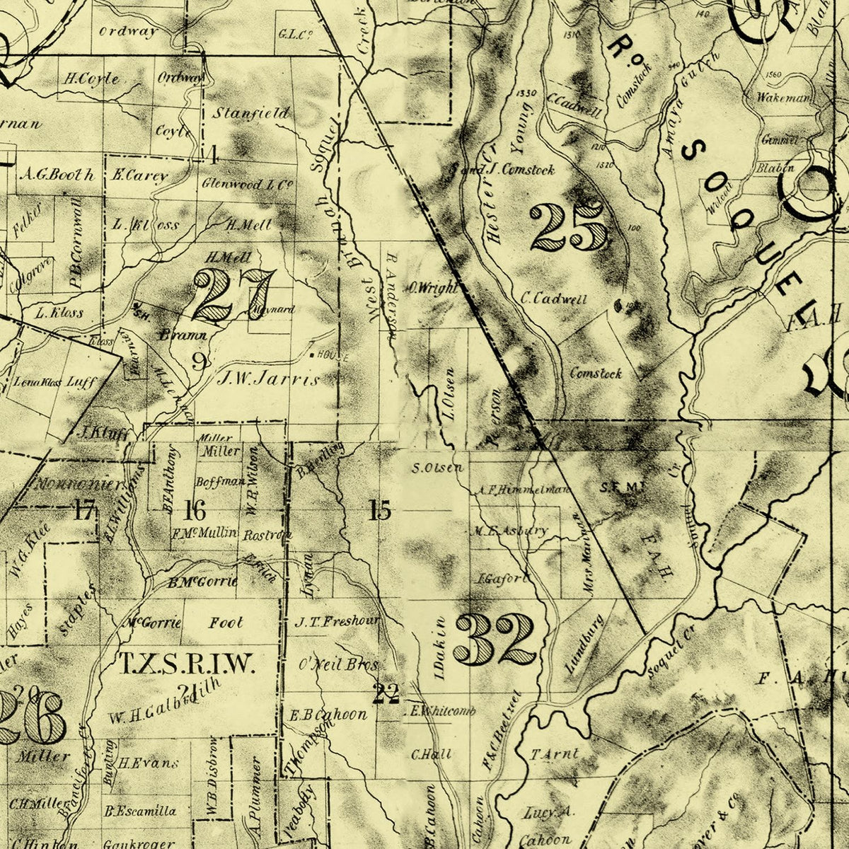 Restored historic details from the 1889 county map of Santa Cruz County, California