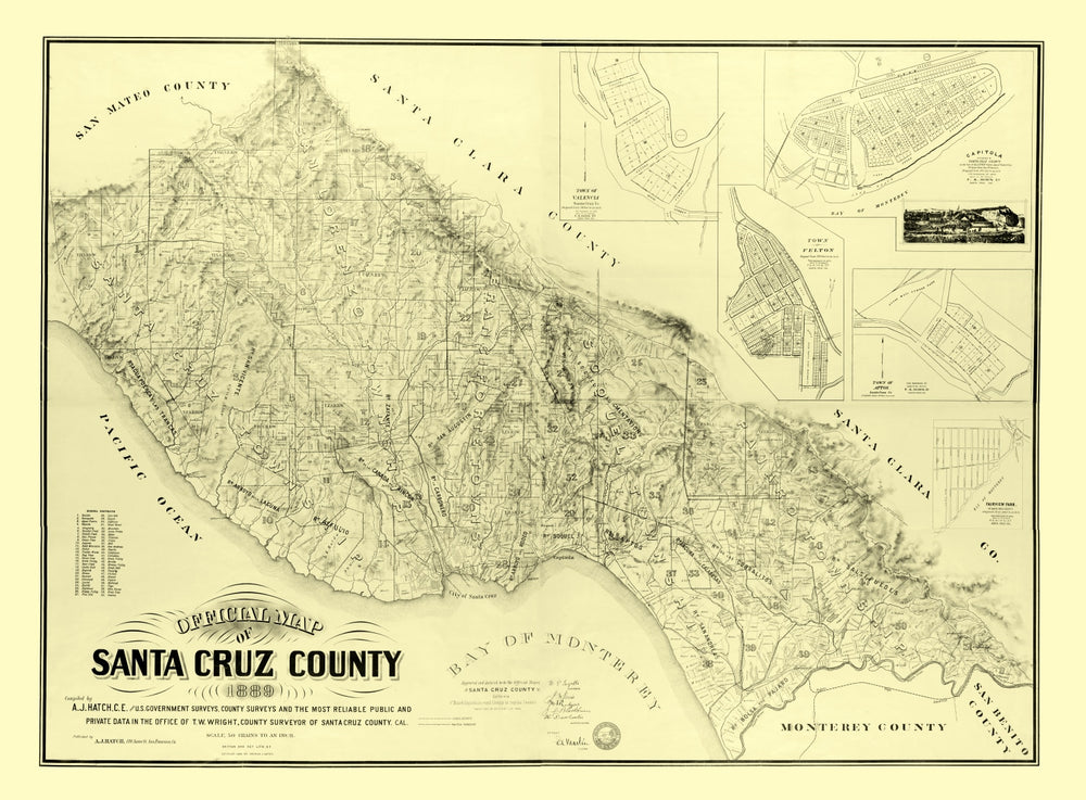 Vintage Map of Santa Cruz County, California 1889 print style example
