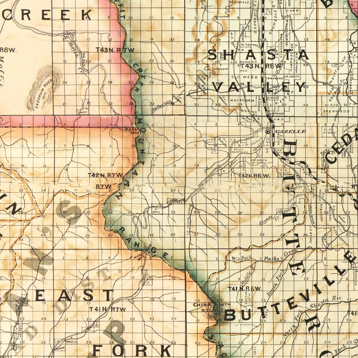 Restored historic details from the 1887 county map of Siskiyou County, California