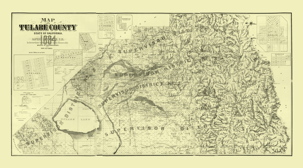 Vintage Map of Tulare County, California 1884 print style example
