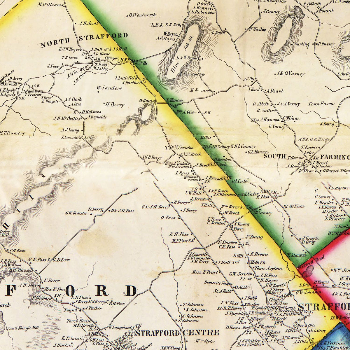 Restored historic details from the 1856 county map of Strafford County, New Hampshire