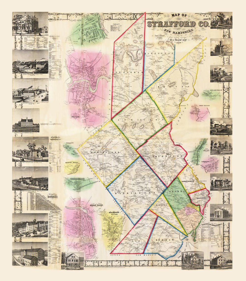 Vintage Map of Strafford County, New Hampshire 1856 print style example