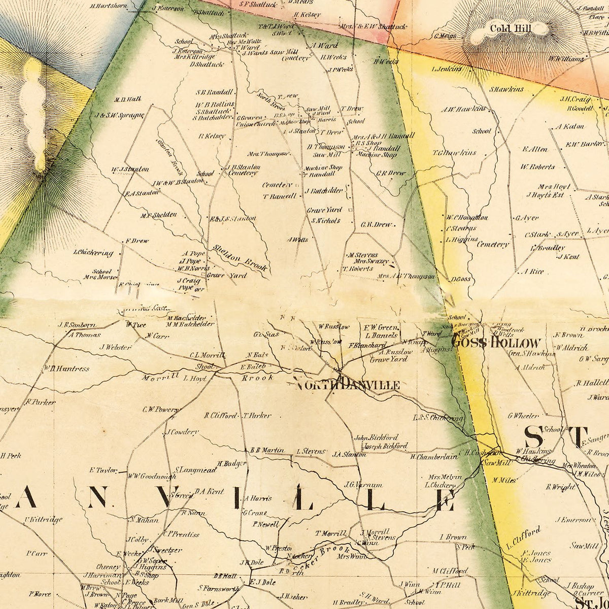 Restored historic details from the 1858 county map of Caledonia County, Vermont
