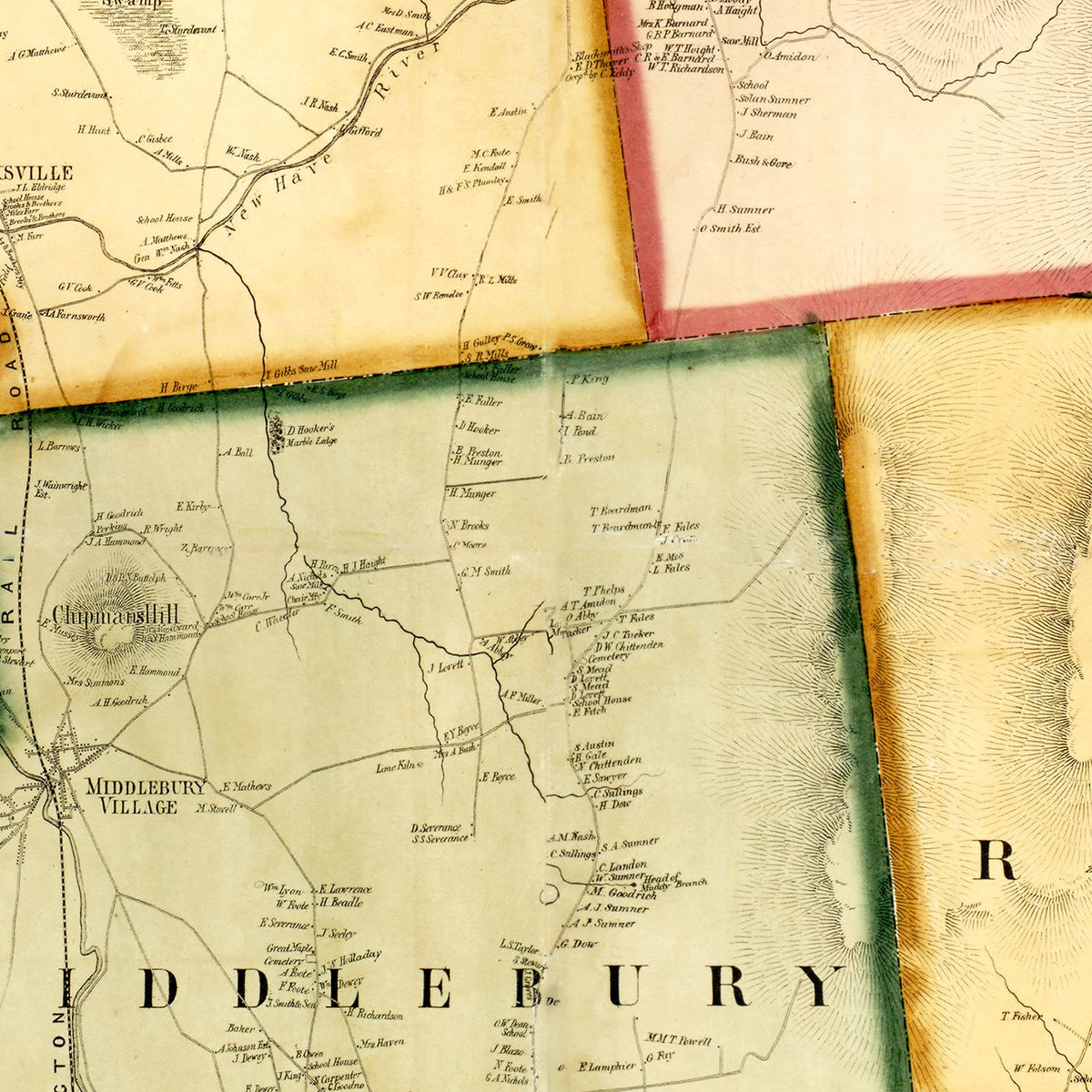 Restored historic details from the 1857 county map of Addison County, Vermont