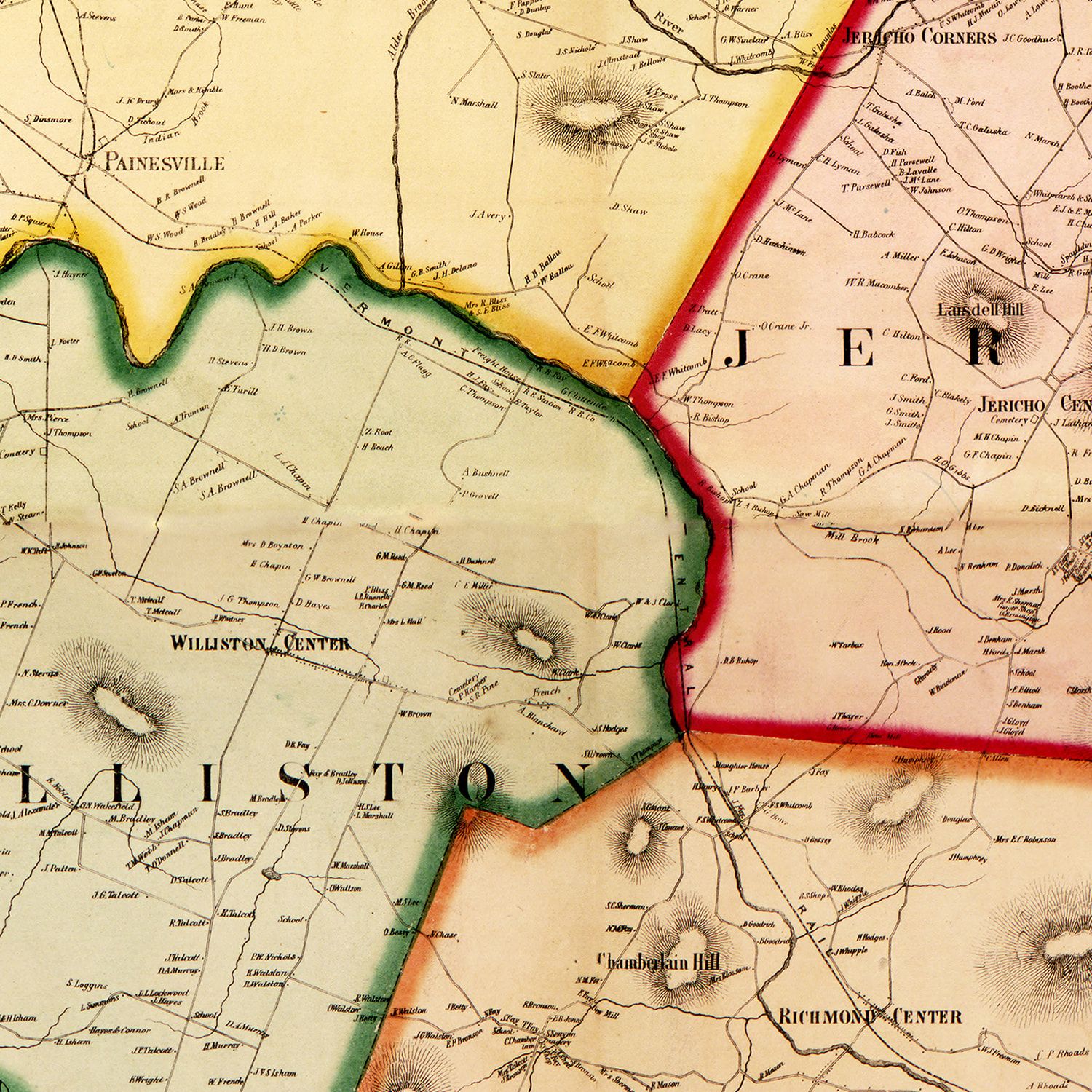 Restored historic details from the 1857 county map of Chittenden County, Vermont