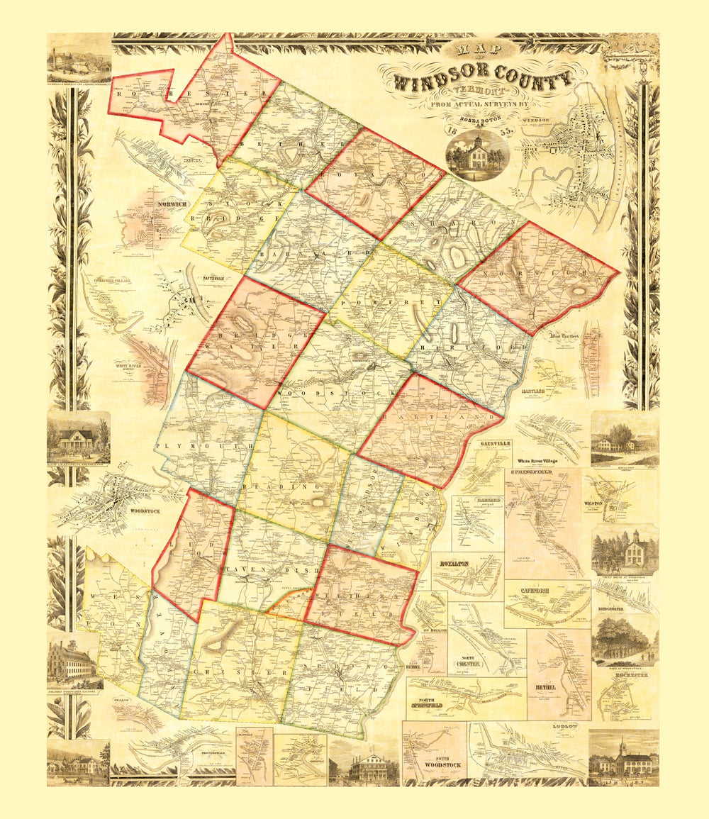 Vintage Map of Windsor County, Vermont 1855 print style example