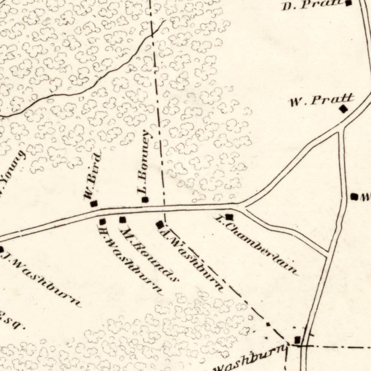 Restored historic details from the 1848 county map of Bridgewater County, Massachusetts