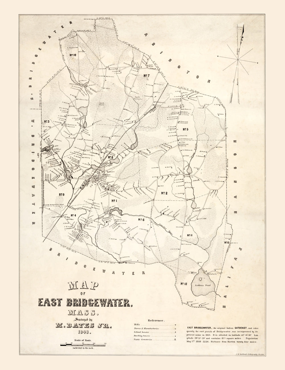 Vintage Map of Bridgewater County, Massachusetts 1848 print style example