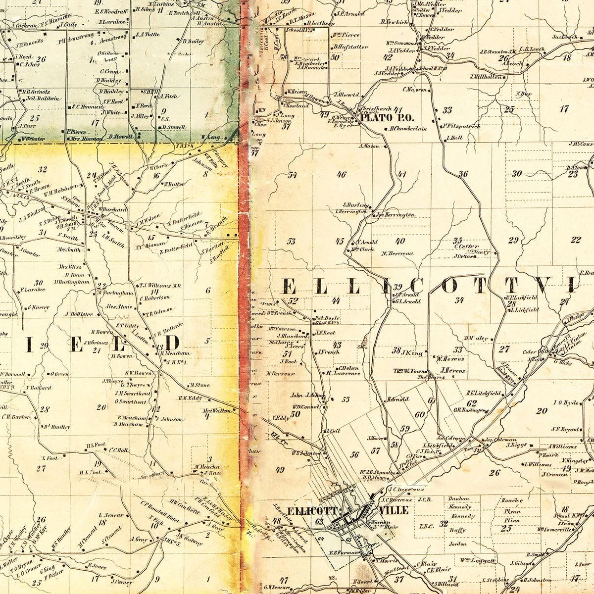 Restored historic details from the 1856 county map of Cattaraugus County, New York