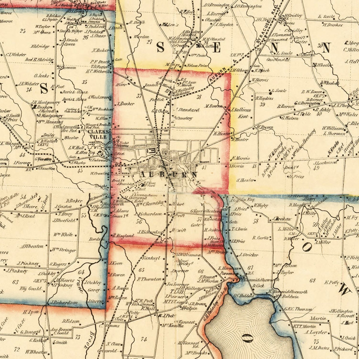 Restored historic details from the 1853 county map of Cayuga County, New York