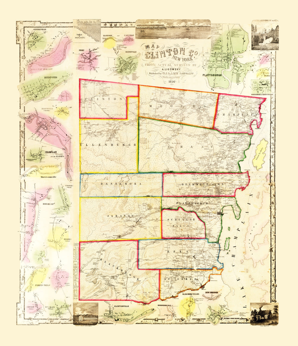 Vintage Map of Clinton County, New York 1856 print style example