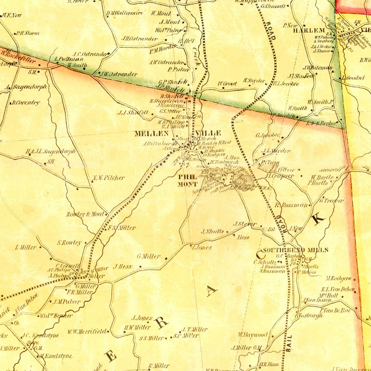 Restored historic details from the 1851 county map of Columbia County, New York