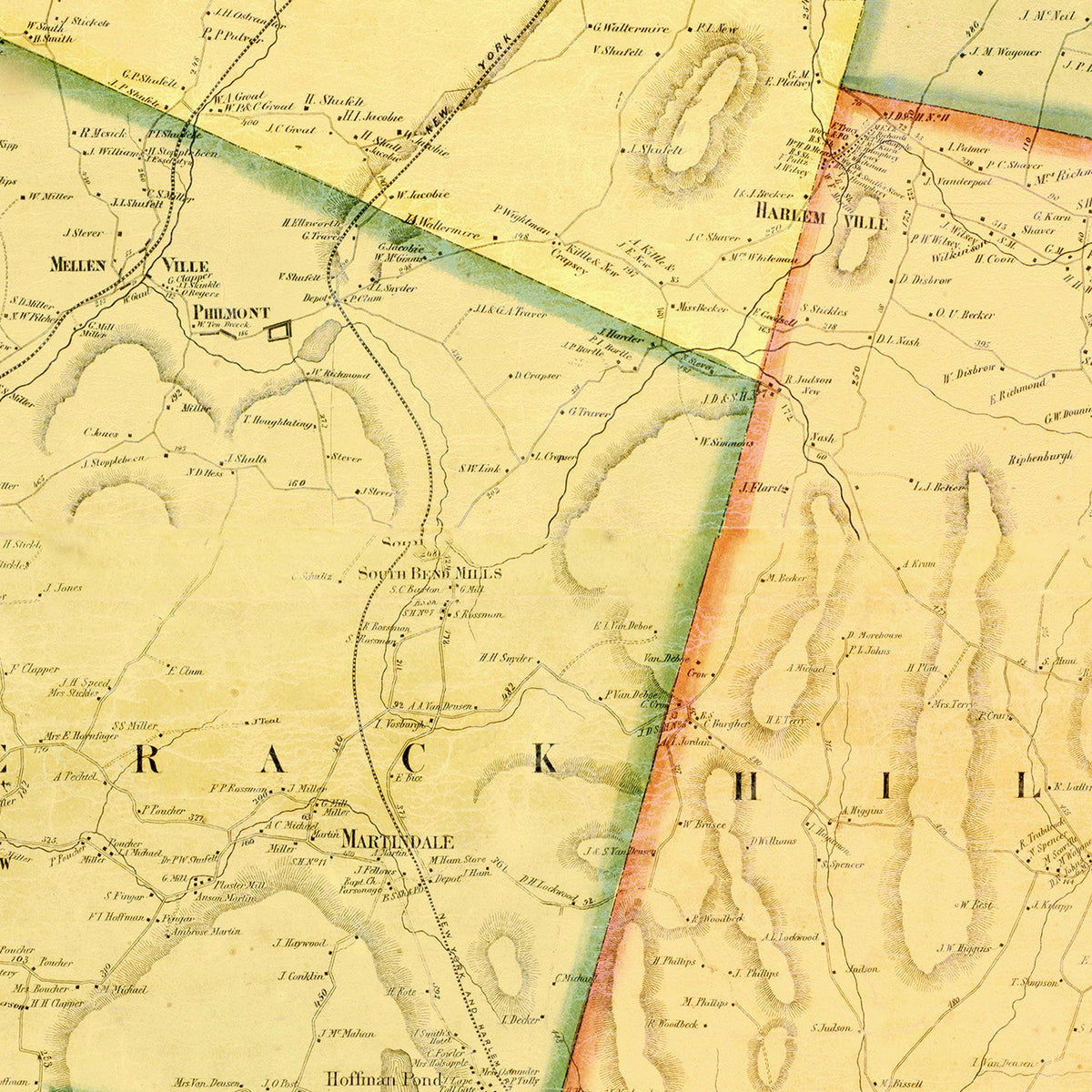 Restored historic details from the 1858 county map of Columbia County, New York