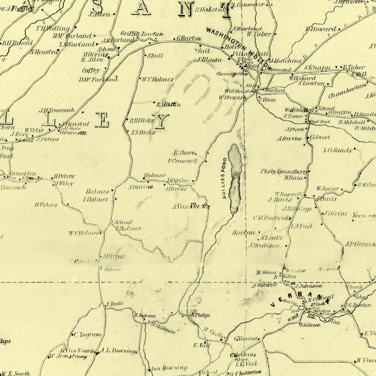 Restored historic details from the 1850 county map of Dutchess County, New York