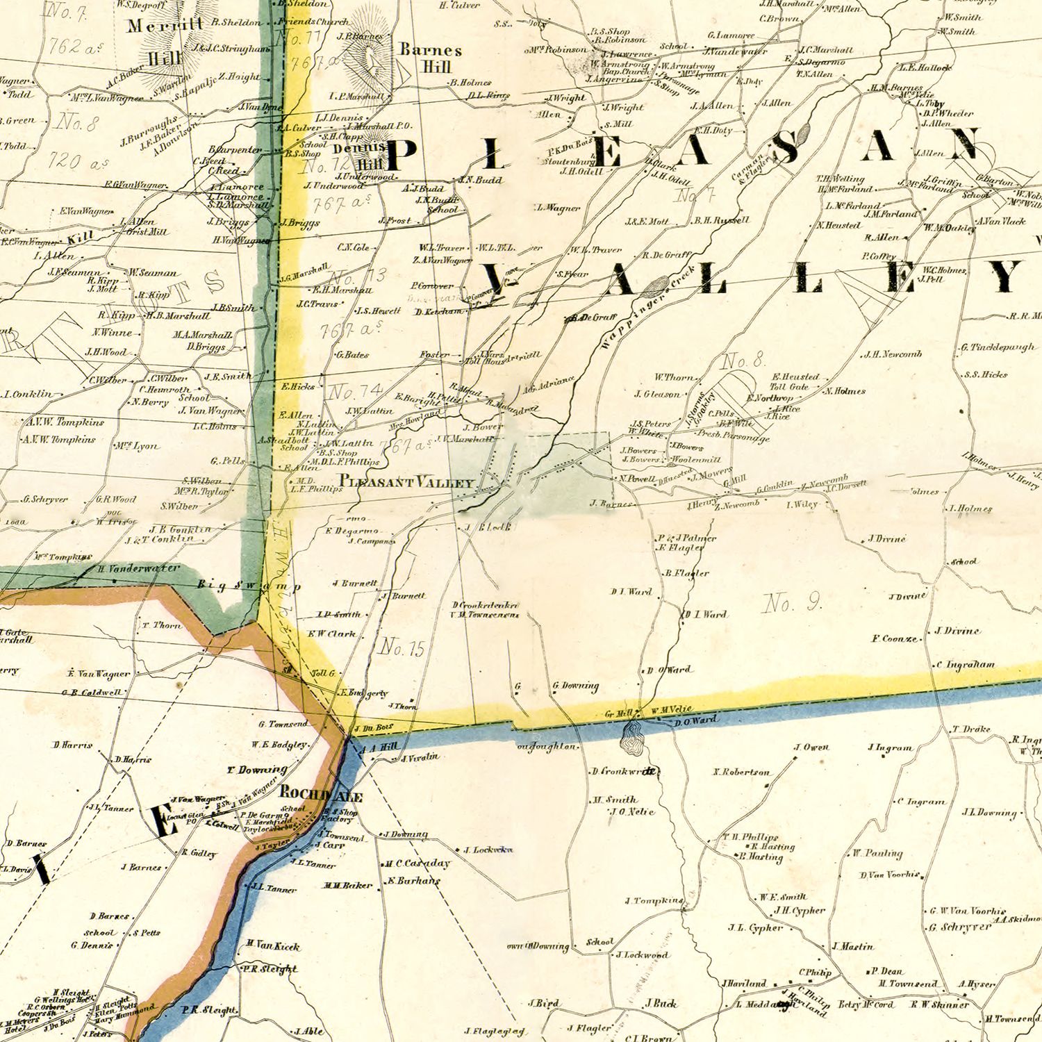 Restored historic details from the 1858 county map of Dutchess County, New York