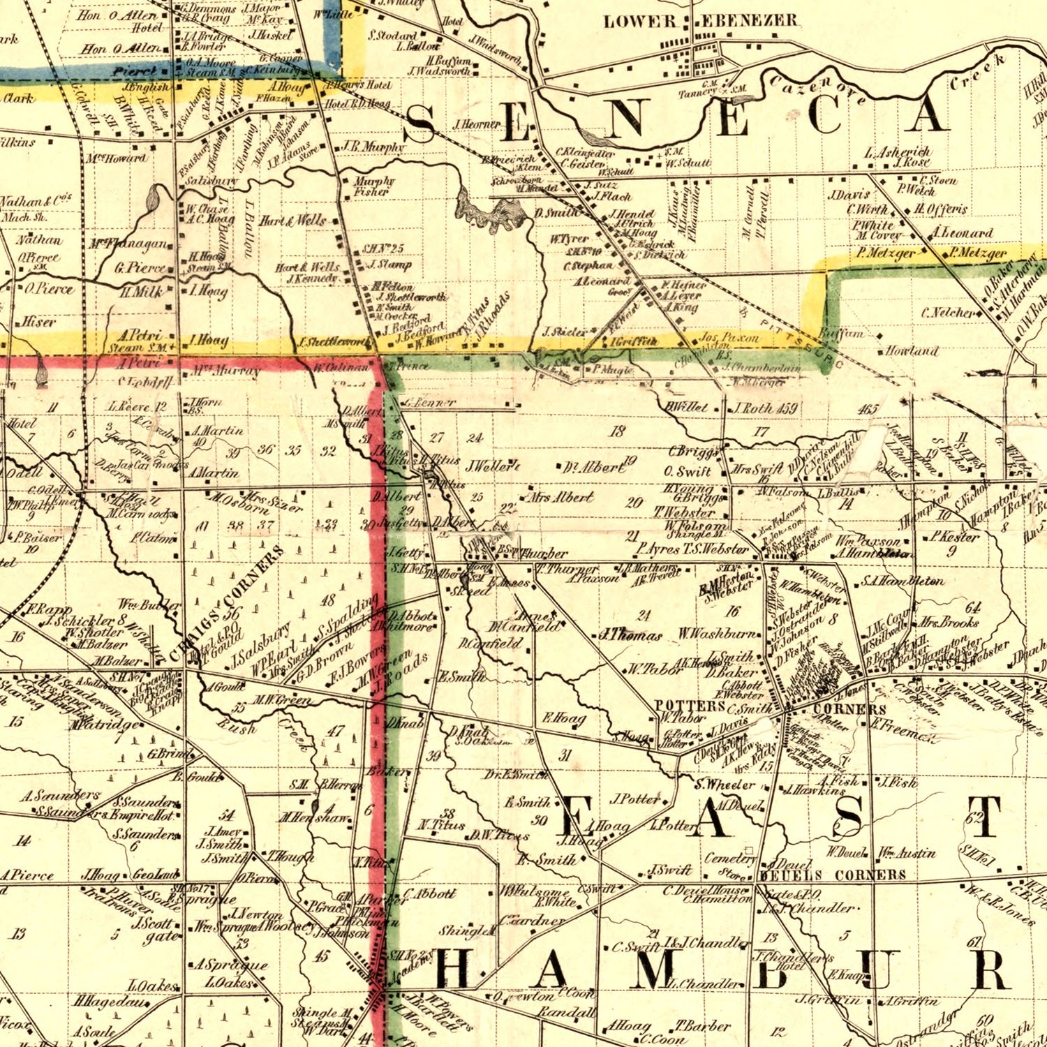 Restored historic details from the 1854 county map of Erie County, New York