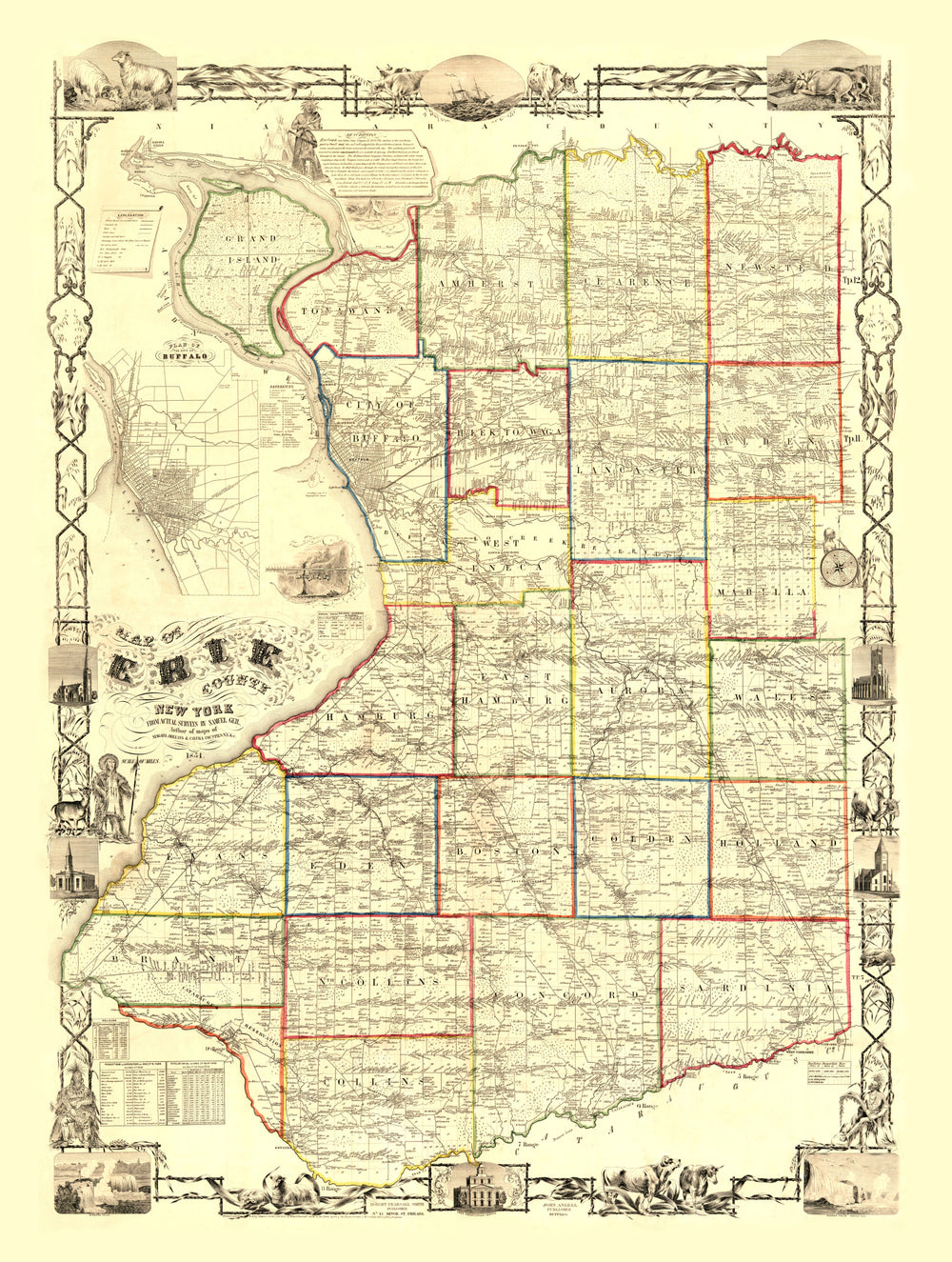 Vintage Map of Erie County, New York 1854 print style example