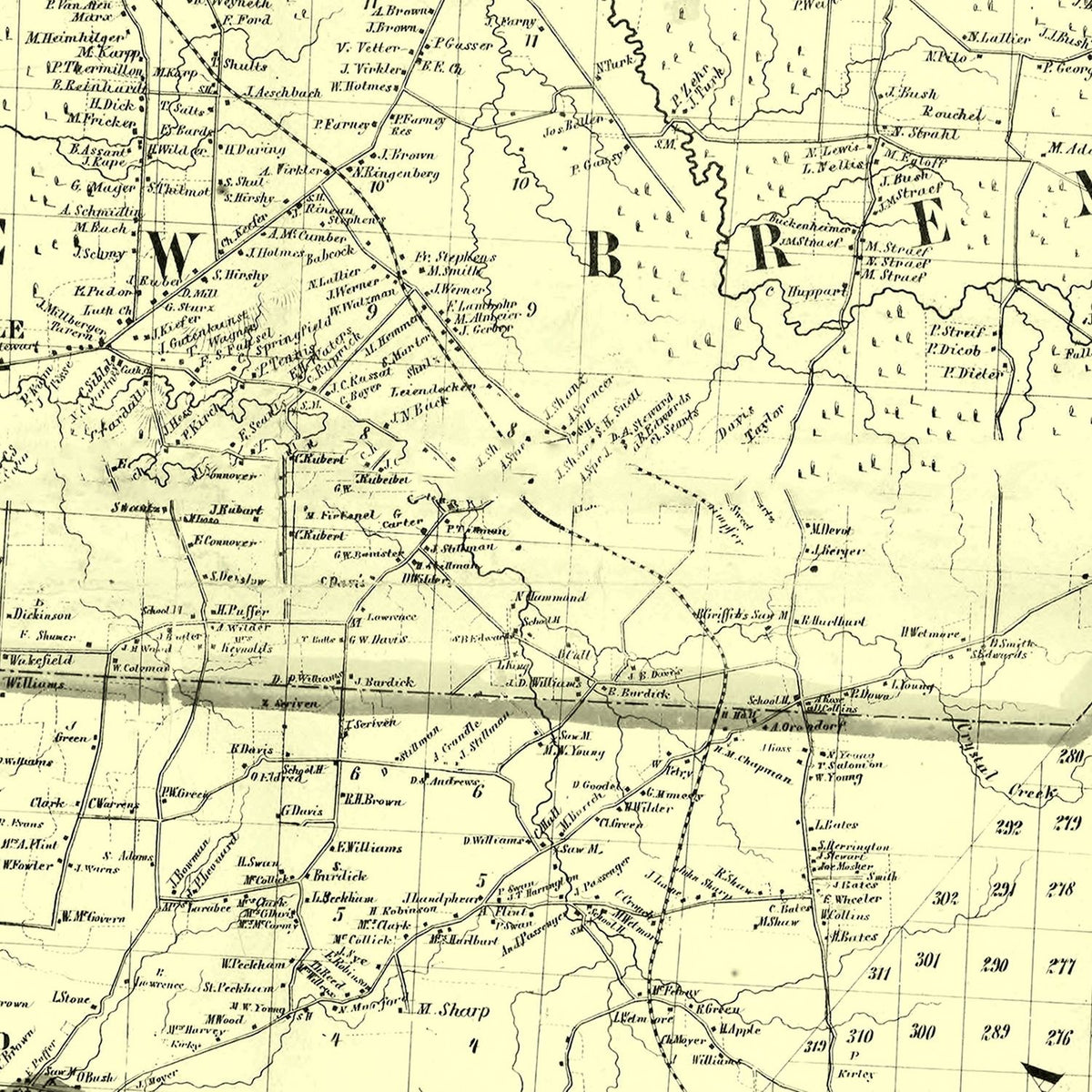 Restored historic details from the 1857 county map of Lewis County, New York