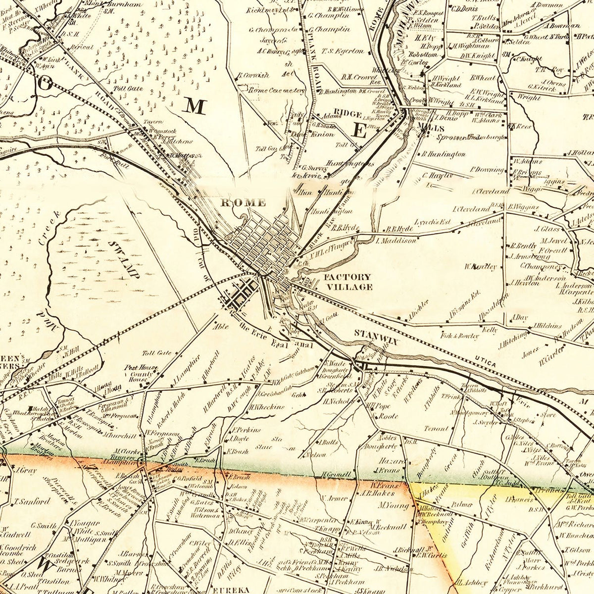 Restored historic details from the 1852 county map of Oneida County, New York