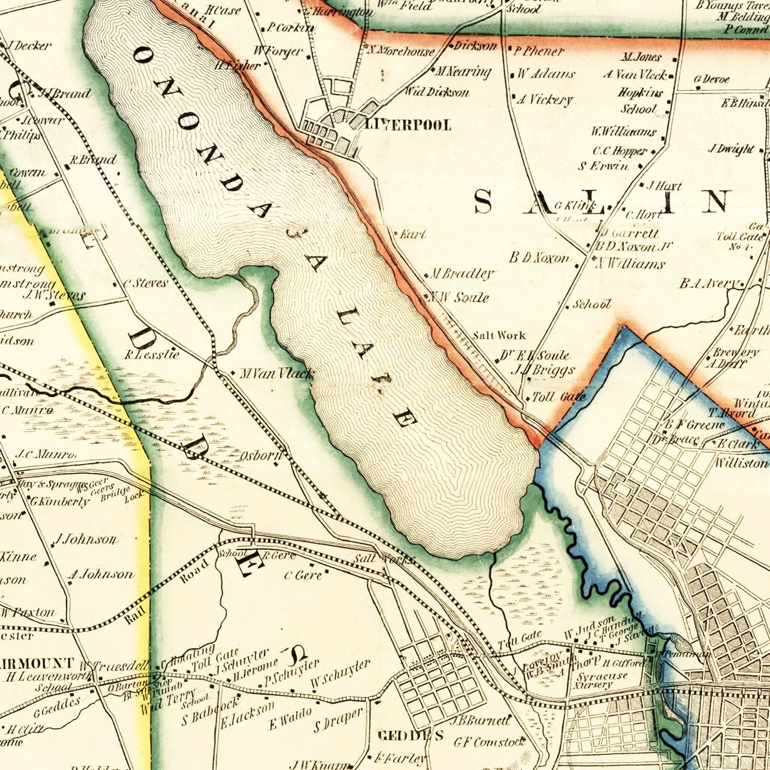 Restored historic details from the 1852 county map of Onondaga County, New York