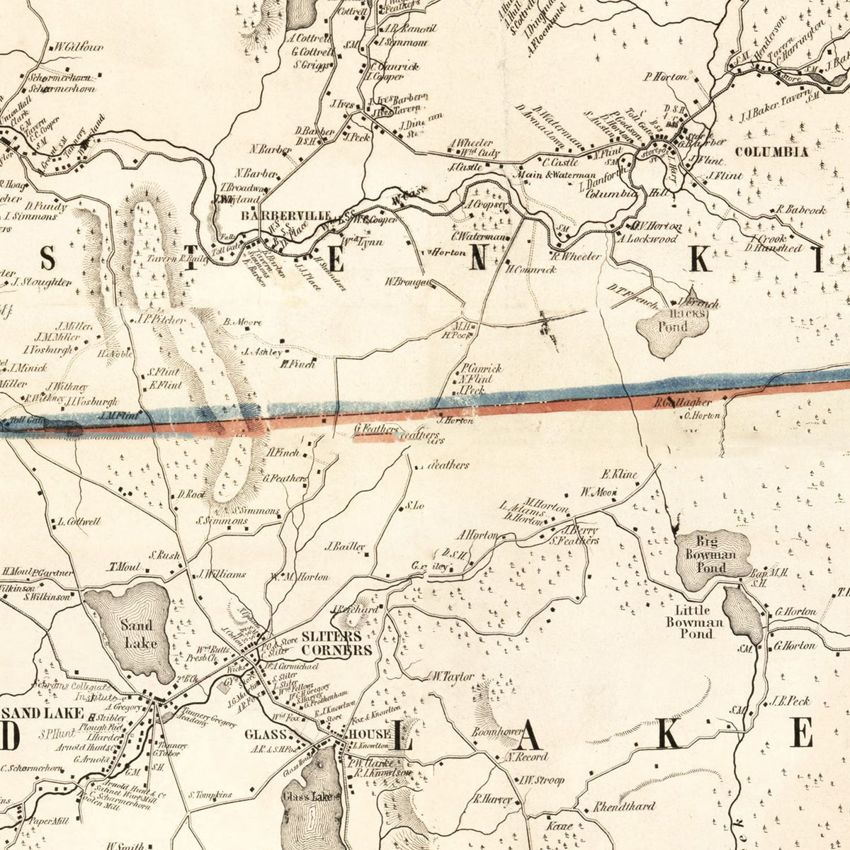 Restored historic details from the 1854 county map of Rensselaer County, New York