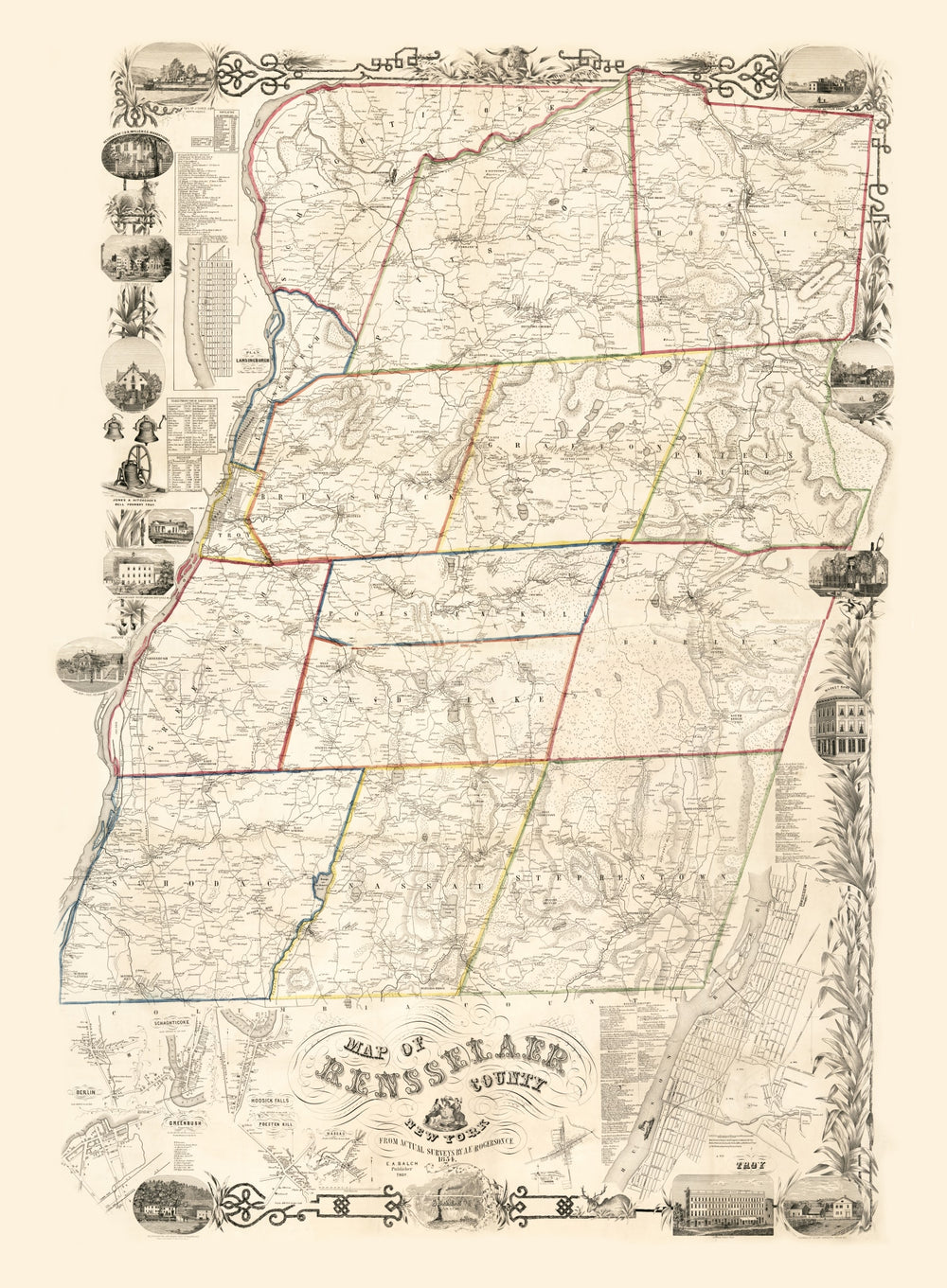 Vintage Map of Rensselaer County, New York 1854 print style example