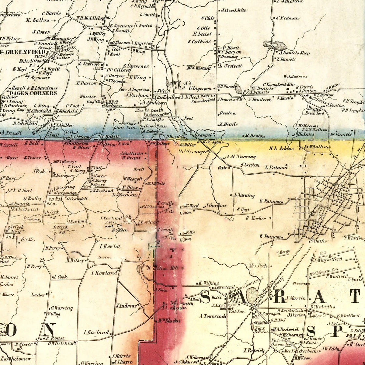 Restored historic details from the 1856 county map of Saratoga County, New York