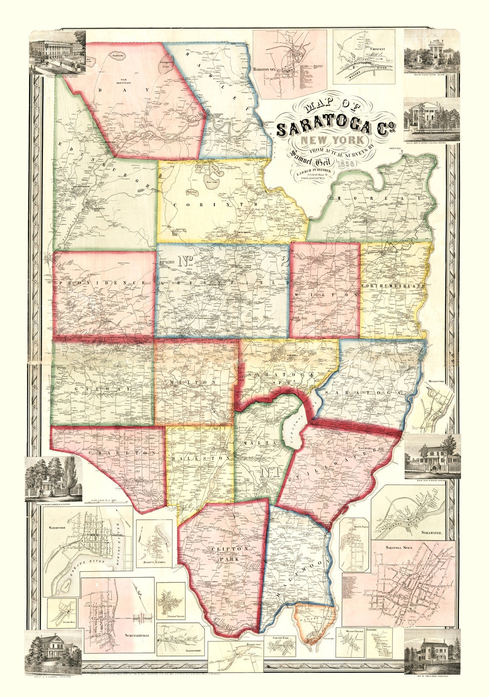 Vintage Map of Saratoga County, New York 1856 print style example