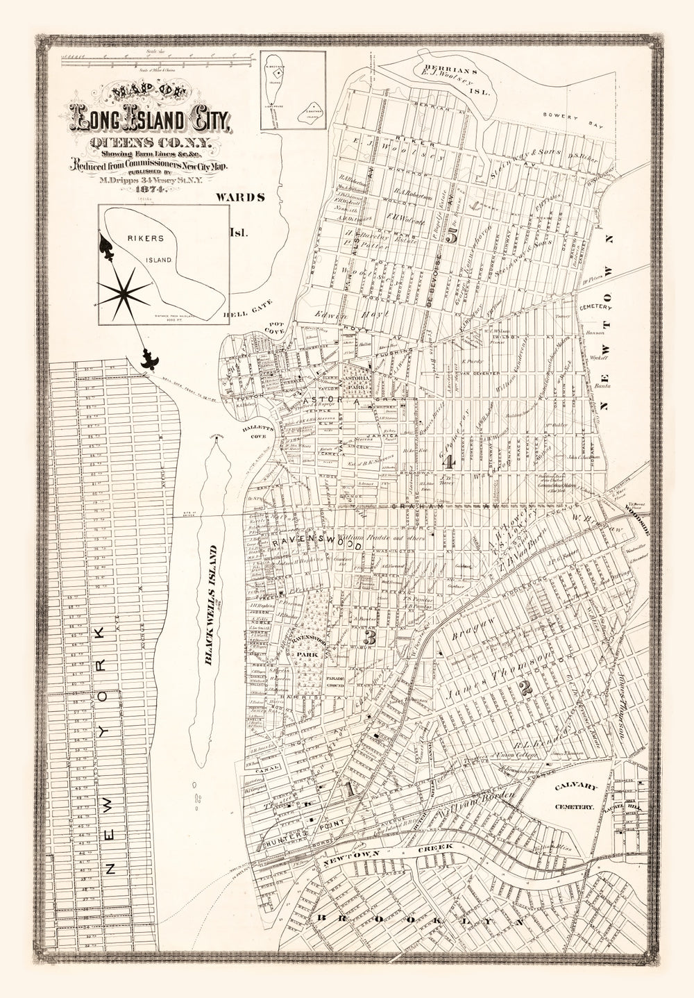 Vintage Map of Queens County, New York 1874 print style example