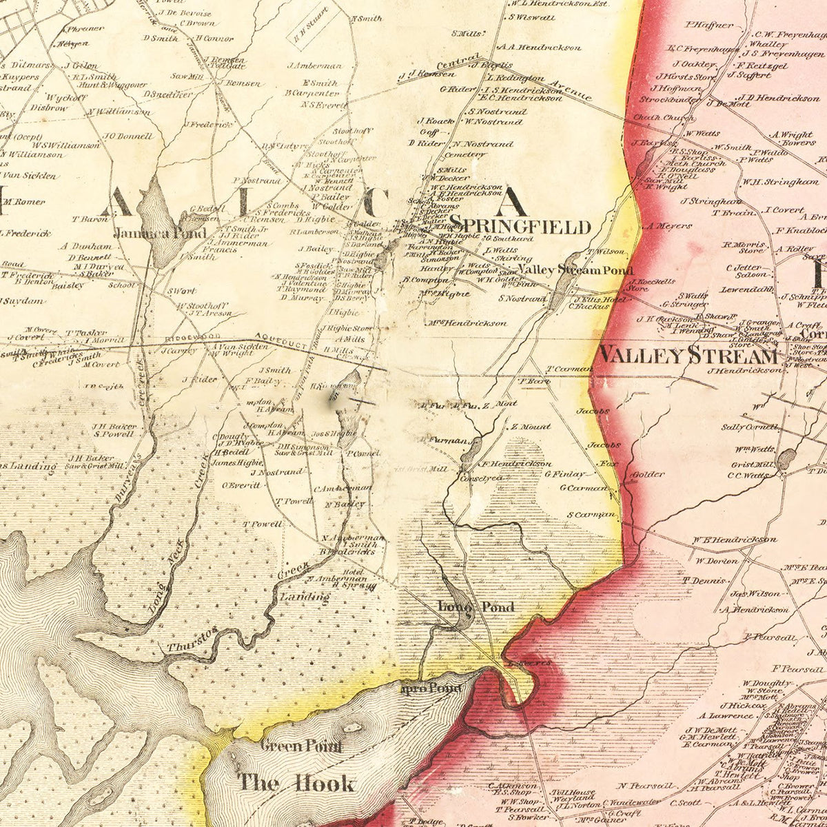 Restored historic details from the 1859 county map of Queens County, New York