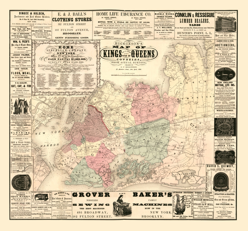Vintage Map of Kings County, New York 1860 print style example