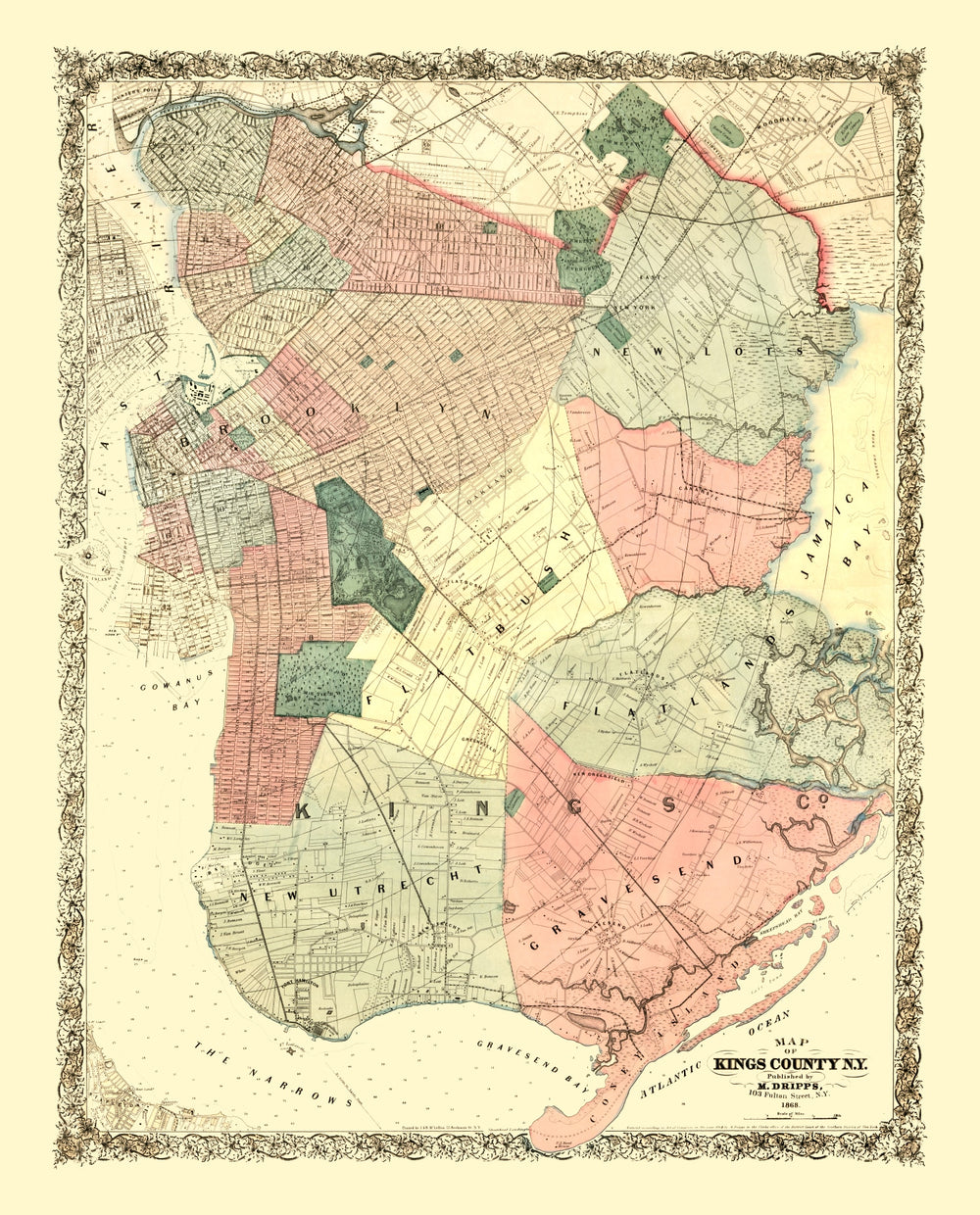 Vintage Map of Kings County, New York 1868 print style example