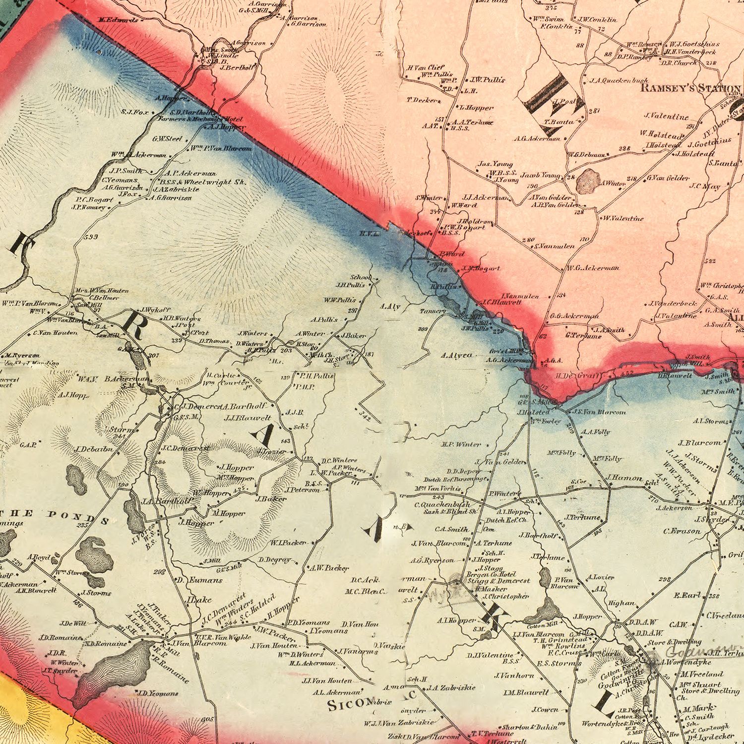 Restored historic details from the 1861 county map of Bergen County, New Jersey