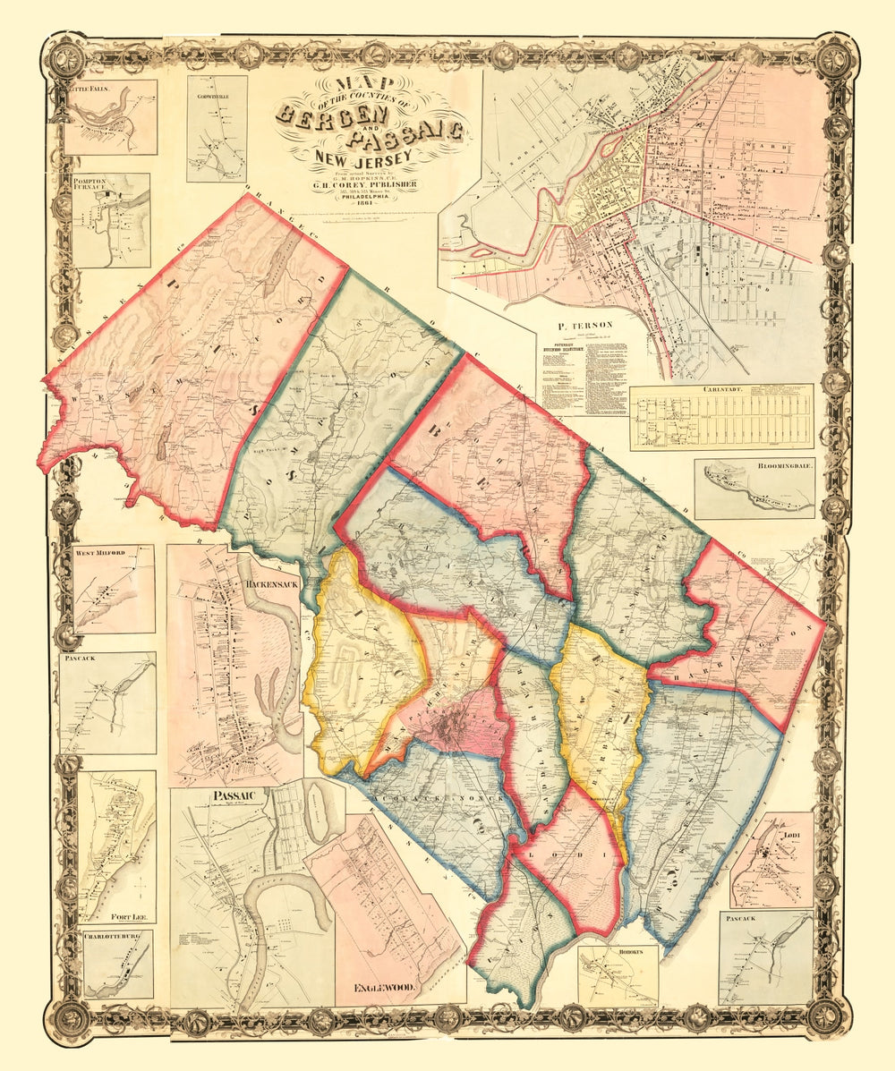 Vintage Map of Bergen County, New Jersey 1861 print style example