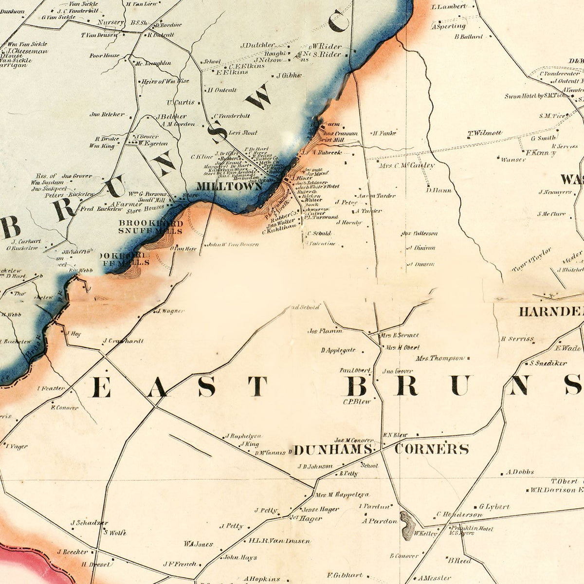 Restored historic details from the 1861 county map of Middlesex County, New Jersey