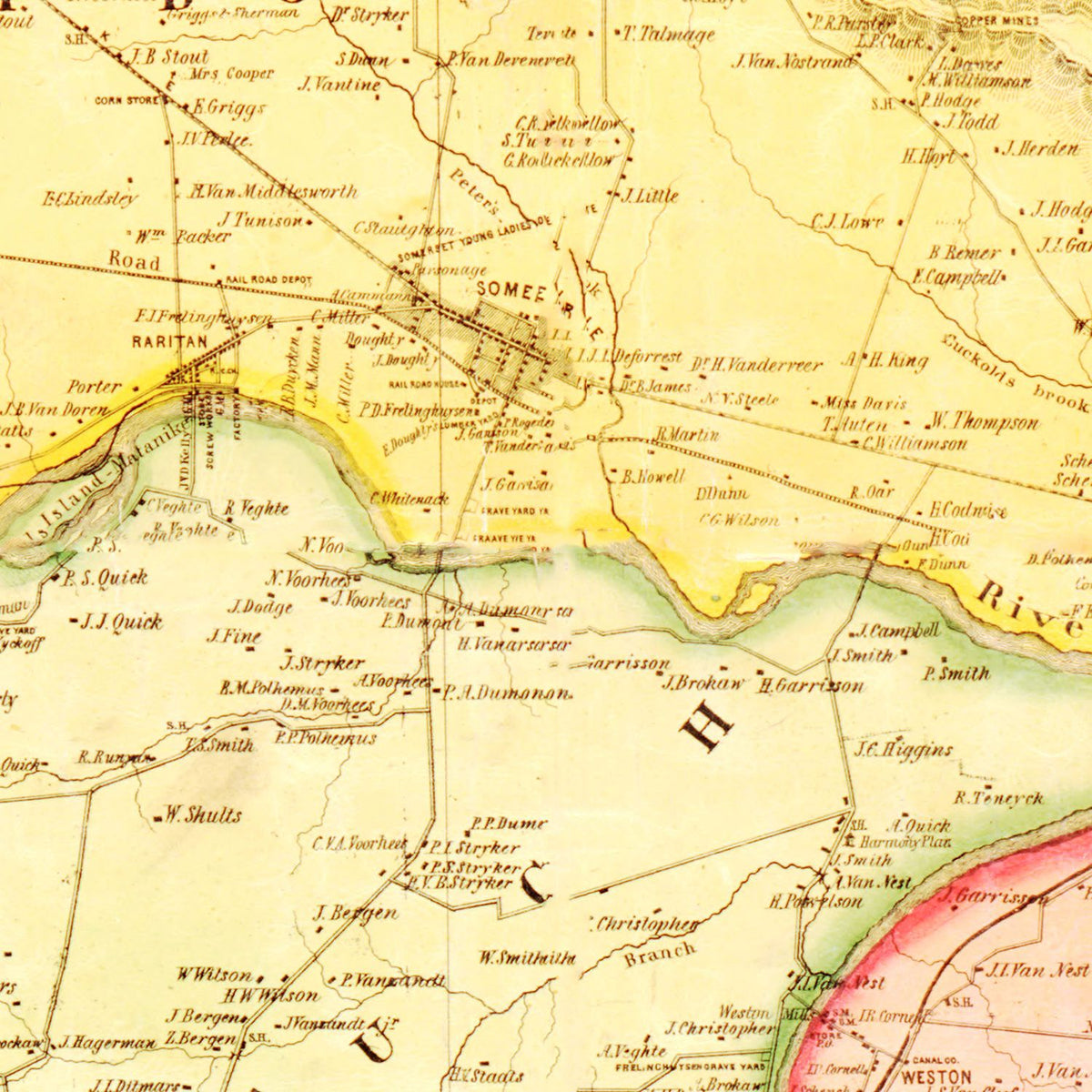 Restored historic details from the 1850 county map of Somerset County, New Jersey