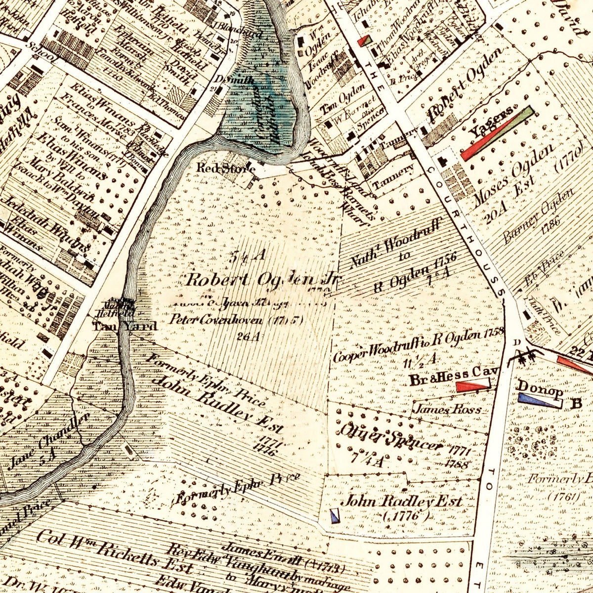 Restored historic details from the 1775 county map of Elizabethtown County, New Jersey