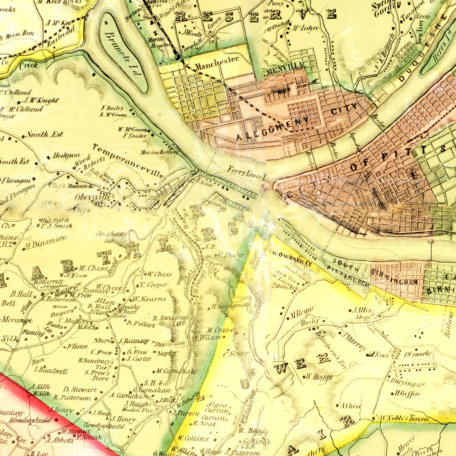 Restored historic details from the 1851 county map of Allegheny County, Pennsylvania